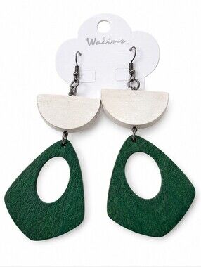 Walins Wooden Geometric Dangle Earrings Green White Boho Minimalist Statement